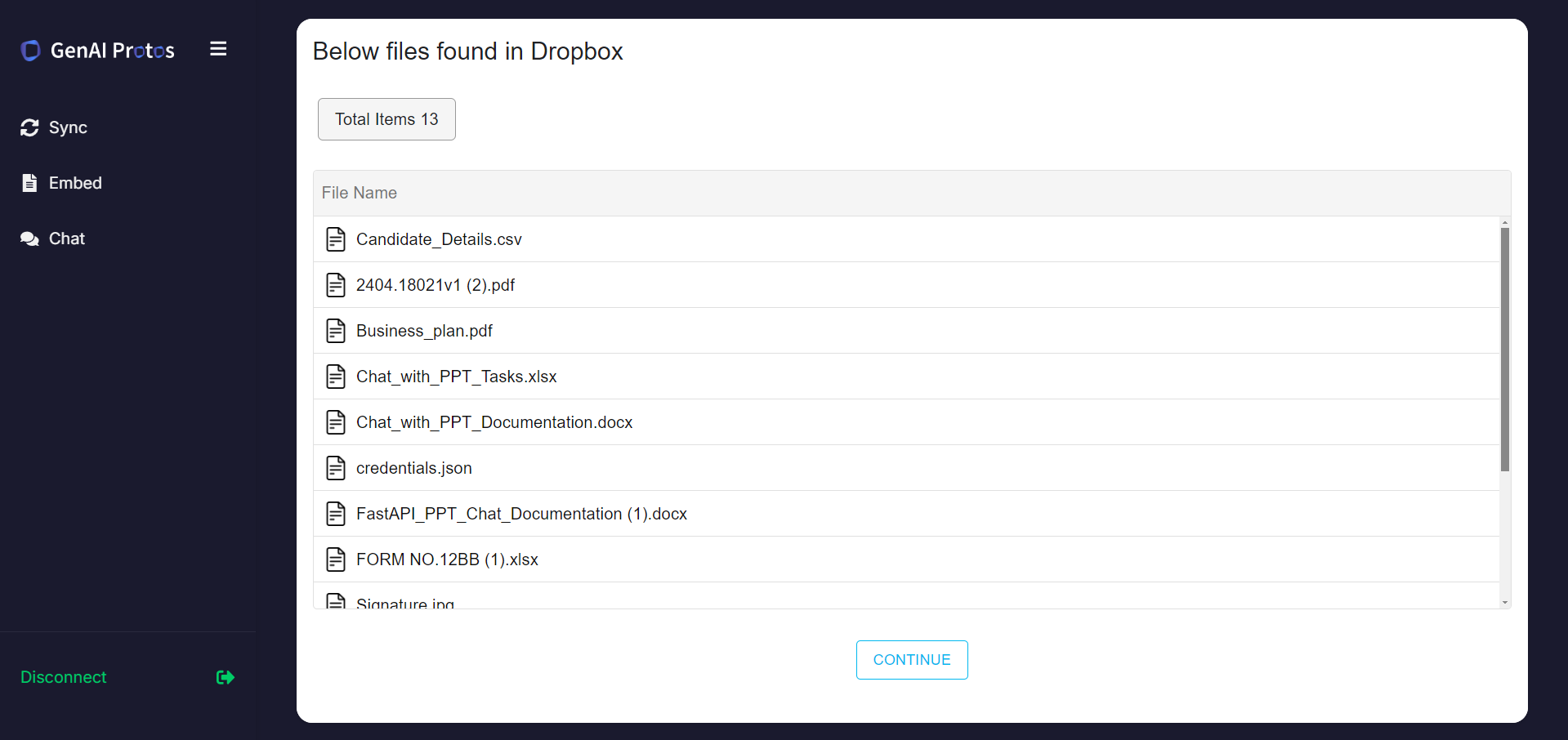List of files in DropBox